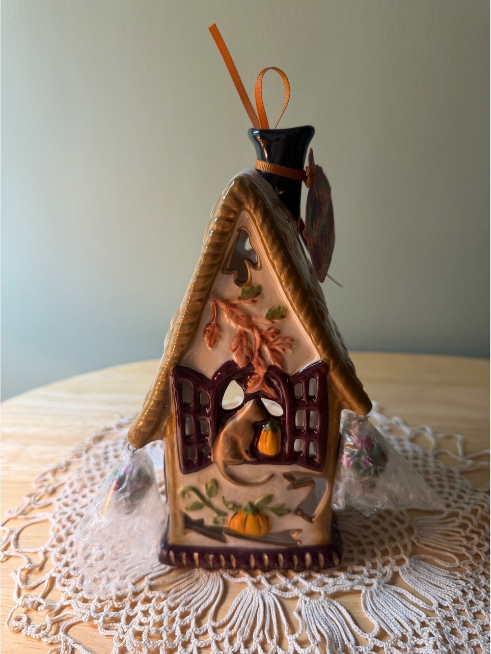Blue Sky Clayworks Candle Holder with Cat and Pumpkin Design